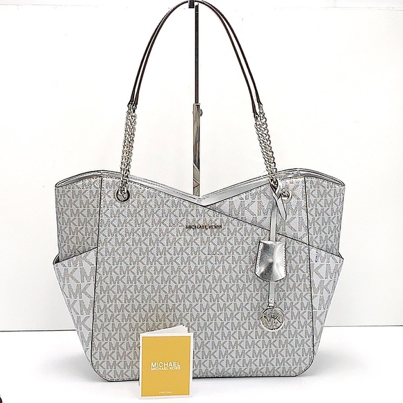 MICHAEL KORS JET SET LARGE X CHAIN SHOULDER TOTE SILVER SIGNATURE COLOR - Picture 1 of 16